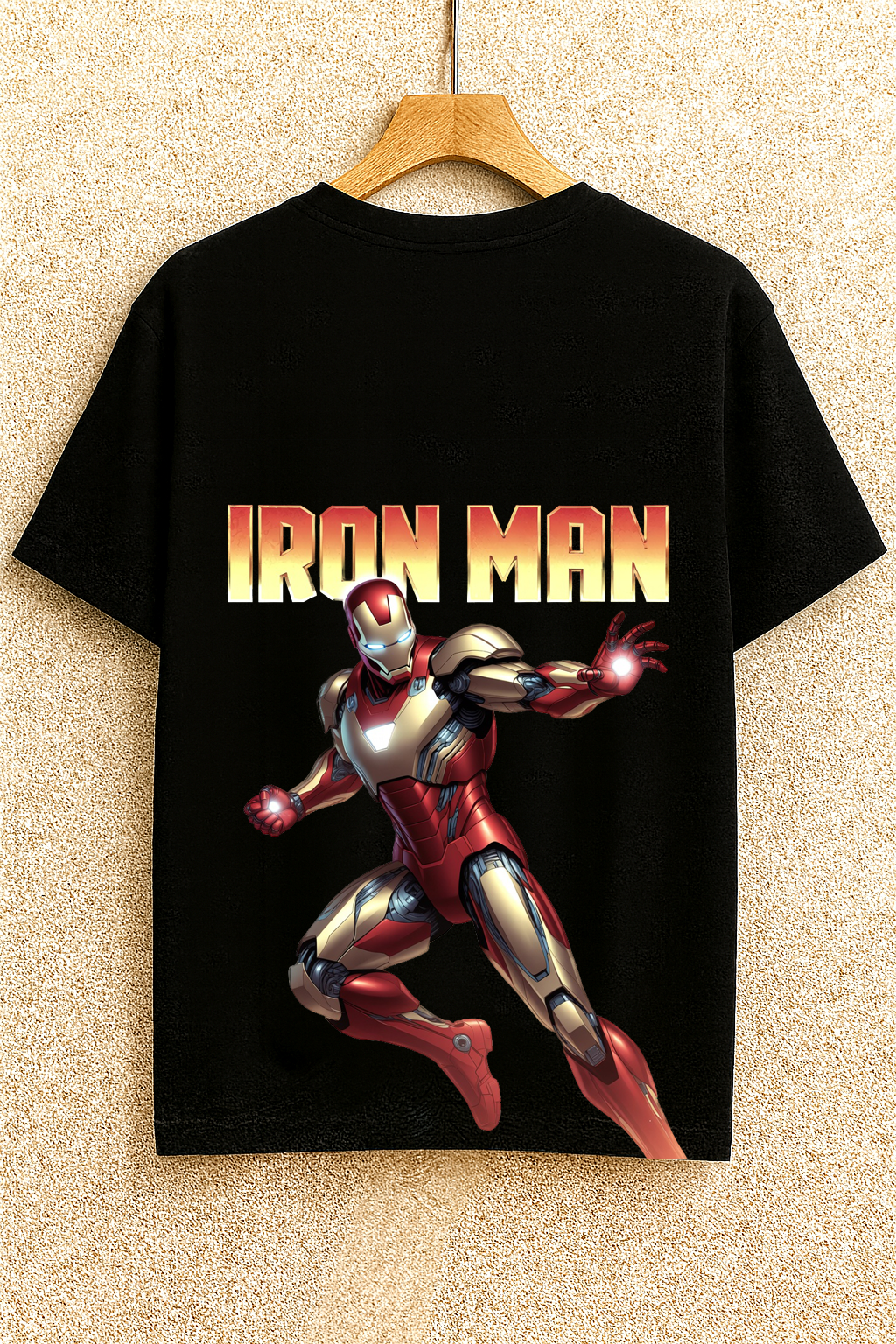 Black Graphic T-Shirt with “IRON MAN” Text and Armored Superhero Illustration