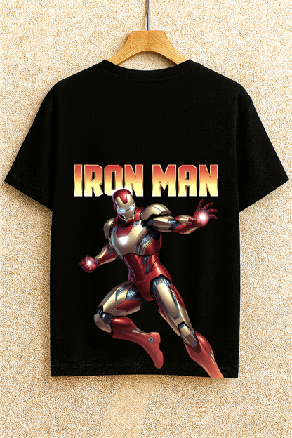Black Graphic T-Shirt with “IRON MAN” Text and Armored Superhero Illustration